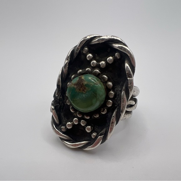 Green Turquoise Old Pawn Thick Band Sterling Silver 925 Ring, Size 8 - Picture 3 of 5